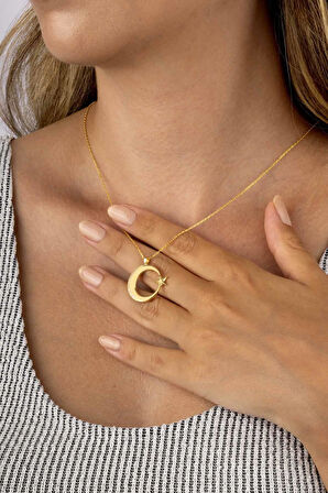 Gümüş Pazarım Altın Kaplama Ay Yıldız 925 Ayar Gümüş Kadın Kolye