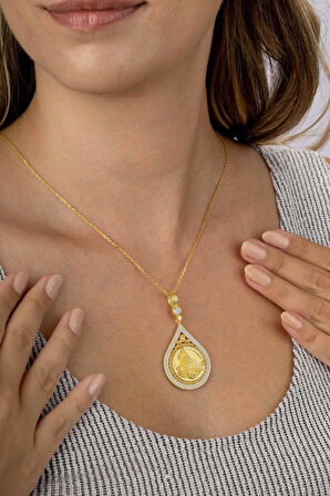 Gümüş Pazarım Damla Kesim Osmanlı Tuğralı Altın Kaplama Kadın Gümüş Kolye