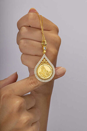 Gümüş Pazarım Damla Kesim Osmanlı Tuğralı Altın Kaplama Kadın Gümüş Kolye