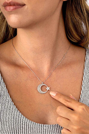 Gümüş Pazarım Beyaz Altın Kaplama Ay Yıldız 925 Ayar Gümüş Kadın Kolye