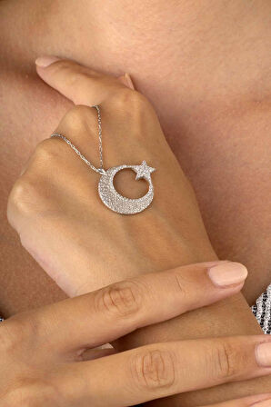Gümüş Pazarım Beyaz Altın Kaplama Ay Yıldız 925 Ayar Gümüş Kadın Kolye