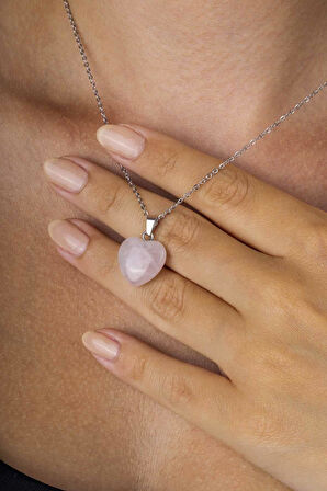 Gümüş Pazarım Kalp Kesim Orijinal Kuvars Doğal Taş Çelik Zincir Kadın Kolye