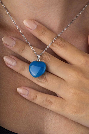 Gümüş Pazarım Kalp Kesim Orijinal Mavi Akik Doğal Taş Çelik Zincir Kadın Kolye