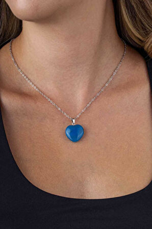 Gümüş Pazarım Kalp Kesim Orijinal Mavi Akik Doğal Taş Çelik Zincir Kadın Kolye