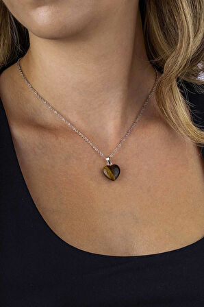 Gümüş Pazarım Kalp Kesim Orijinal Kaplan Gözü Doğal Taş Çelik Zincir Kadın Kolye