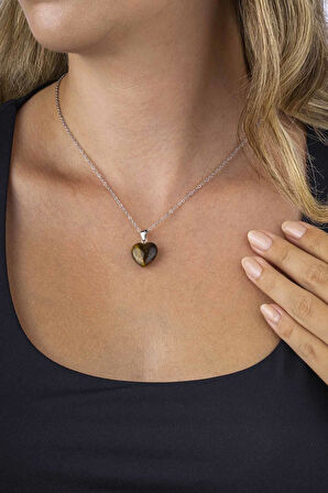 Gümüş Pazarım Kalp Kesim Orijinal Kaplan Gözü Doğal Taş Çelik Zincir Kadın Kolye