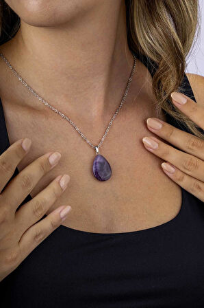 Gümüş Pazarım Damla Kesim Orijinal Ametist Taşlı Çelik Zincir Kadın Kolye