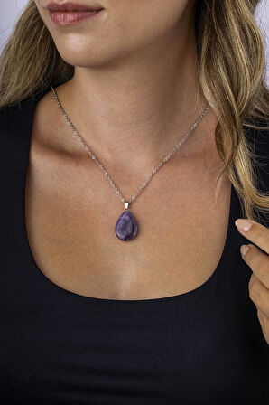 Gümüş Pazarım Damla Kesim Orijinal Ametist Taşlı Çelik Zincir Kadın Kolye