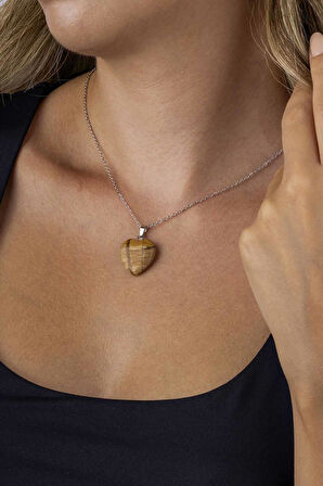 Gümüş Pazarım Kalp Kesim Orijinal Akik Doğal Taş Çelik Zincirli Kadın Kolye