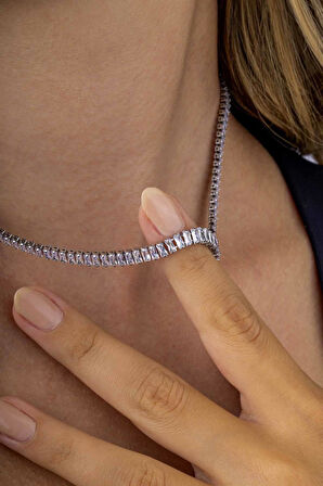 Gümüş Pazarım Baget Taşlı Sıralı Beyaz Altın Kaplama Su Yolu Kadın Çelik Kolye