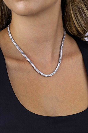 Gümüş Pazarım Baget Taşlı Sıralı Beyaz Altın Kaplama Su Yolu Kadın Çelik Kolye