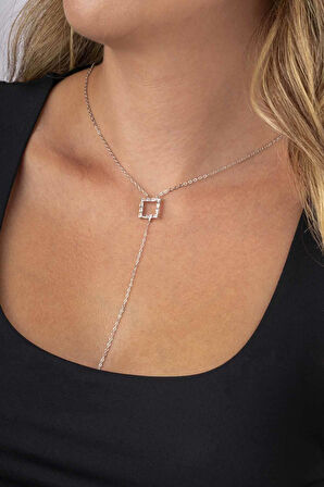 Gümüş Pazarım Baget Taşlı Kare Y Model Beyaz Altın Kaplama Kadın Çelik Kolye