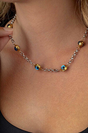 Gümüş Pazarım Göz Motifli Zincir Model Kadın Çelik Kolye