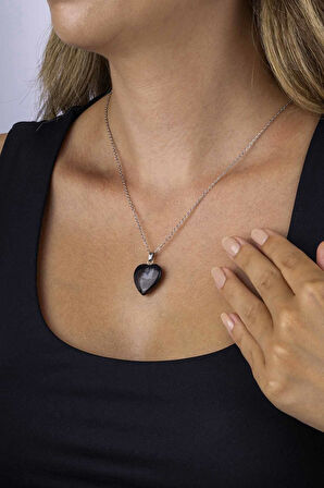 Gümüş Pazarım Kalp Kesim Orijinal Damarlı Akik Doğal Taş Çelik Zincirli Kadın Kolye