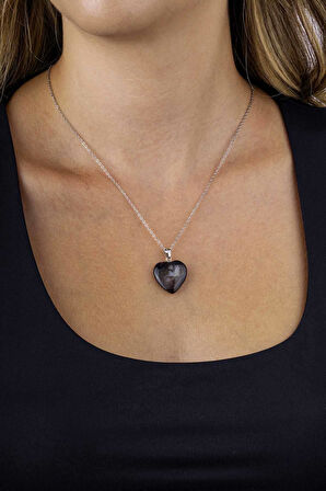 Gümüş Pazarım Kalp Kesim Orijinal Damarlı Akik Doğal Taş Çelik Zincirli Kadın Kolye