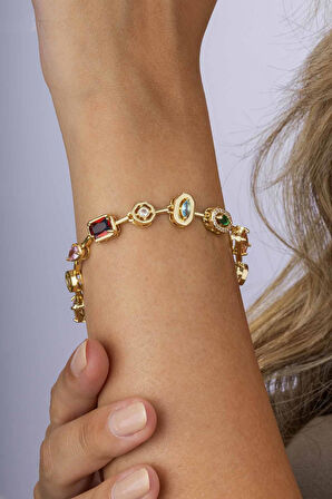 Gümüş Pazarım Altın Kaplama Sıralı Renkli Taş Kadın Çelik Bileklik