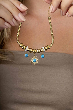 Gümüş Pazarım Firuze Taşlı Altın Kaplama Güneş Figürlü Kadın Charm Bileklik