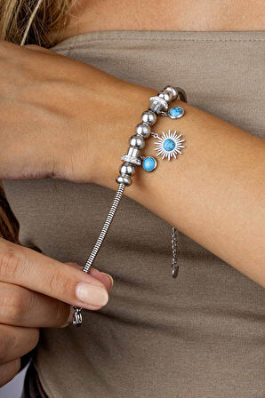 Gümüş Pazarım Firuze Taşlı Beyaz Altın Kaplama Güneş Figürlü Kadın Charm Bileklik