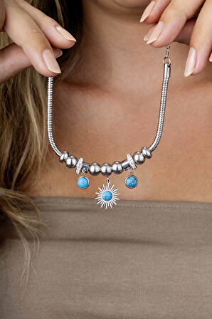 Gümüş Pazarım Firuze Taşlı Beyaz Altın Kaplama Güneş Figürlü Kadın Charm Bileklik