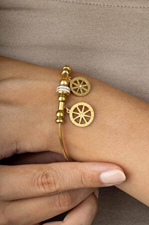 Gümüş Pazarım Zodyak Çemberi Figürlü Altın Kaplama Çelik Kadın Charm Bileklik