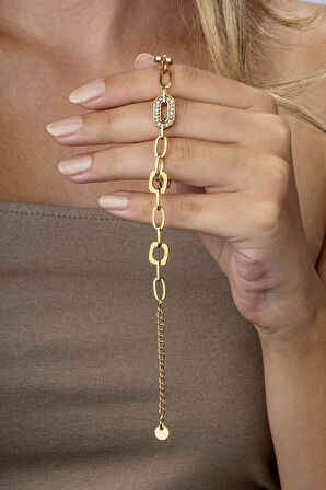 Gümüş Pazarım Altın Kaplama Ara Taşlı Zincir Model Kadın Çelik Bileklik