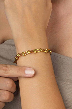 Gümüş Pazarım Altın Kaplama Ataç Top Uçlu Zincir Model Kadın Çelik Bileklik