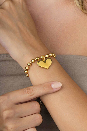 Gümüş Pazarım Top Zincirli Kalp Figürlü Altın Kaplama Çelik Kadın Bileklik