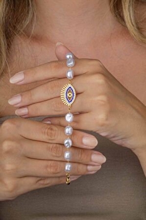 Gümüş Pazarım Altın Kaplama Beyaz İnci Geçişli Göz Figürlü Altın Kaplama Çelik Kadın Bileklik
