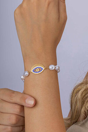 Gümüş Pazarım Altın Kaplama Beyaz İnci Geçişli Göz Figürlü Altın Kaplama Çelik Kadın Bileklik