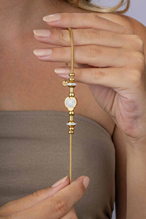 Gümüş Pazarım Zirkon Taşlı Silindir Zincir Altın Kaplama Kadın Çelik Bileklik