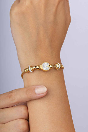 Gümüş Pazarım Zirkon Taşlı Silindir Zincir Altın Kaplama Kadın Çelik Bileklik