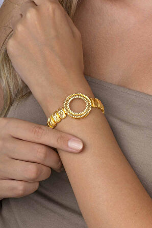 Gümüş Pazarım Yarım Altın Koymak İçin Motifli Dikdörtgen Altın Kaplama Çelik Kadın Bileklik