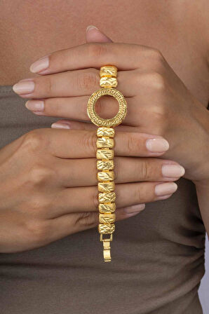 Gümüş Pazarım Yarım Altın Koymak İçin Motifli Dikdörtgen Altın Kaplama Çelik Kadın Bileklik