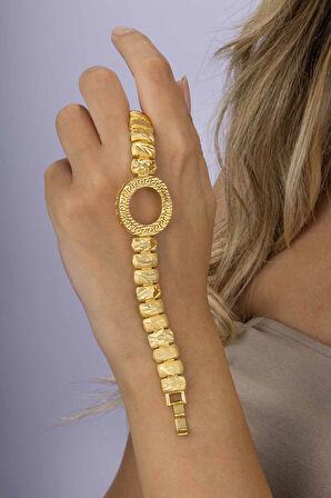 Gümüş Pazarım Yarım Altın Koymak İçin Motifli Dikdörtgen Altın Kaplama Çelik Kadın Bileklik