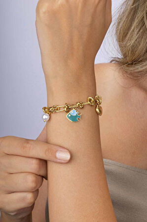 Gümüş Pazarım Balık İnci Kalp Figürlü Altın Kaplama Çelik Kadın Charm Bileklik