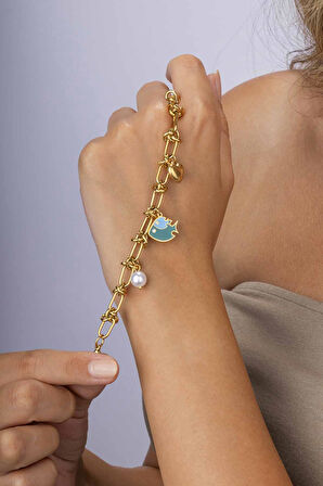 Gümüş Pazarım Balık İnci Kalp Figürlü Altın Kaplama Çelik Kadın Charm Bileklik