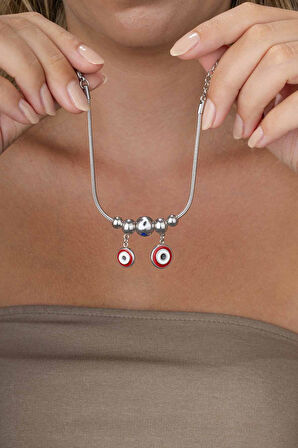 Gümüş PazarımKırmızı Mineli Göz Figürlü Beyaz Altın Kaplama Çelik Kadın Charm Bileklik