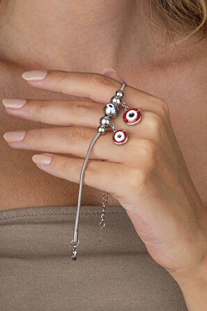 Gümüş PazarımKırmızı Mineli Göz Figürlü Beyaz Altın Kaplama Çelik Kadın Charm Bileklik