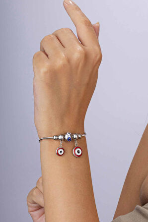 Gümüş PazarımKırmızı Mineli Göz Figürlü Beyaz Altın Kaplama Çelik Kadın Charm Bileklik