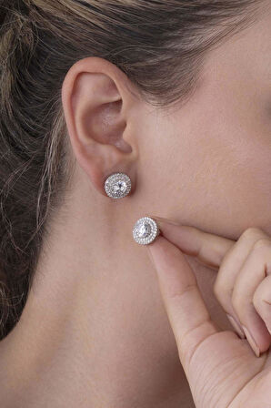 Gümüş Pazarım Yuvarlak Kesim Elmas Montür Beyaz Altın Kaplama Tektaş Kadın Gümüş Küpe