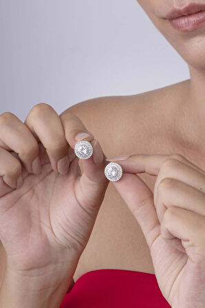 Gümüş Pazarım Yuvarlak Kesim Elmas Montür Beyaz Altın Kaplama Tektaş Kadın Gümüş Küpe