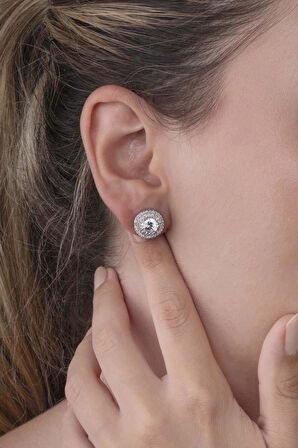 Gümüş Pazarım Yuvarlak Kesim Elmas Montür Beyaz Altın Kaplama Tektaş Kadın Gümüş Küpe