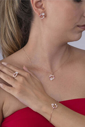 Gümüş Pazarım Manolya Çiçeği İnci Taneli Dörtlü Kadın Gümüş Set