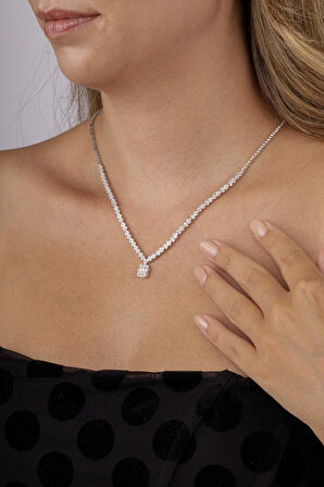 Gümüş Pazarım Baget Taşlı Pırlanta Montür Su Yolu Kadın Gümüş Kolye