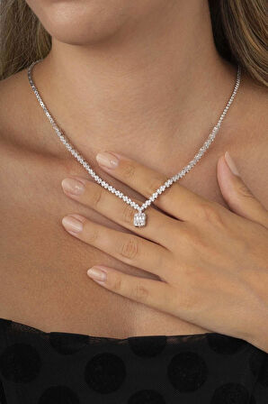 Gümüş Pazarım Baget Taşlı Pırlanta Montür Su Yolu Kadın Gümüş Kolye