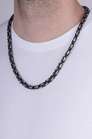 Gümüş Pazarım Çift Renkli Siyah Geçişli Çelik Erkek Kral Zincir Kolye