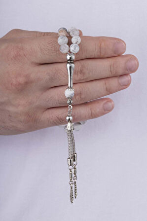 Gümüş Pazarım Damarlı Beyaz Akik Taşlı Doğal Taş Tesbih