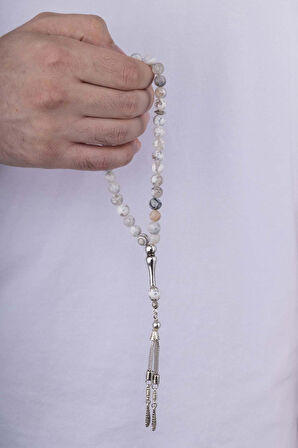 Gümüş Pazarım Damarlı Beyaz Akik Taşlı Doğal Taş Tesbih