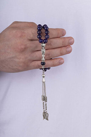 Gümüş Pazarım Ametist Taşlı Doğal Taş Tesbih