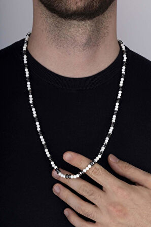 Gümüş Pazarım Sedef Hematit Yuvarlak Kesim Doğal Taş Erkek Kolye